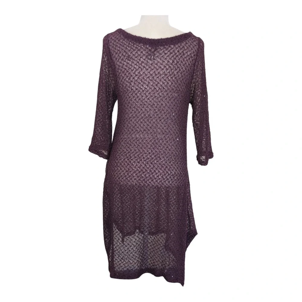 Purple Sparkly Open Knit Dress Women's Size L 3/4 Sleeve Hi-Low Sheer Stretch